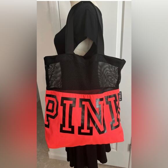Victorias Secret PINK Tote Bag/Pool Bag Bright Orange Black Mesh Dual Handle - Picture 2 of 12
